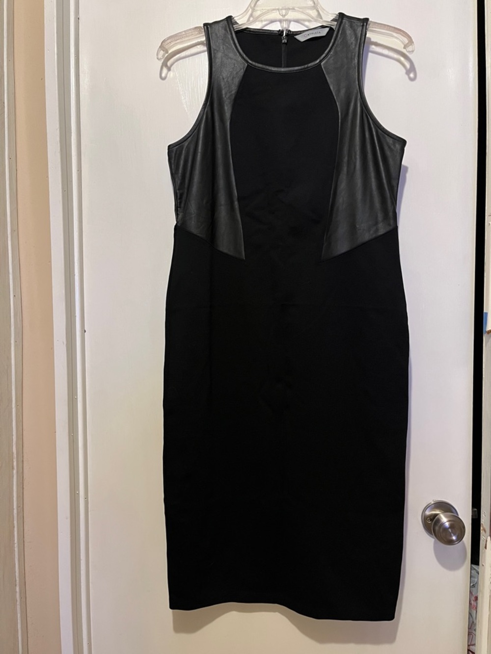 EUC Athleta Black Midi Dress “Night On The Town” with Vegan Leather Panels